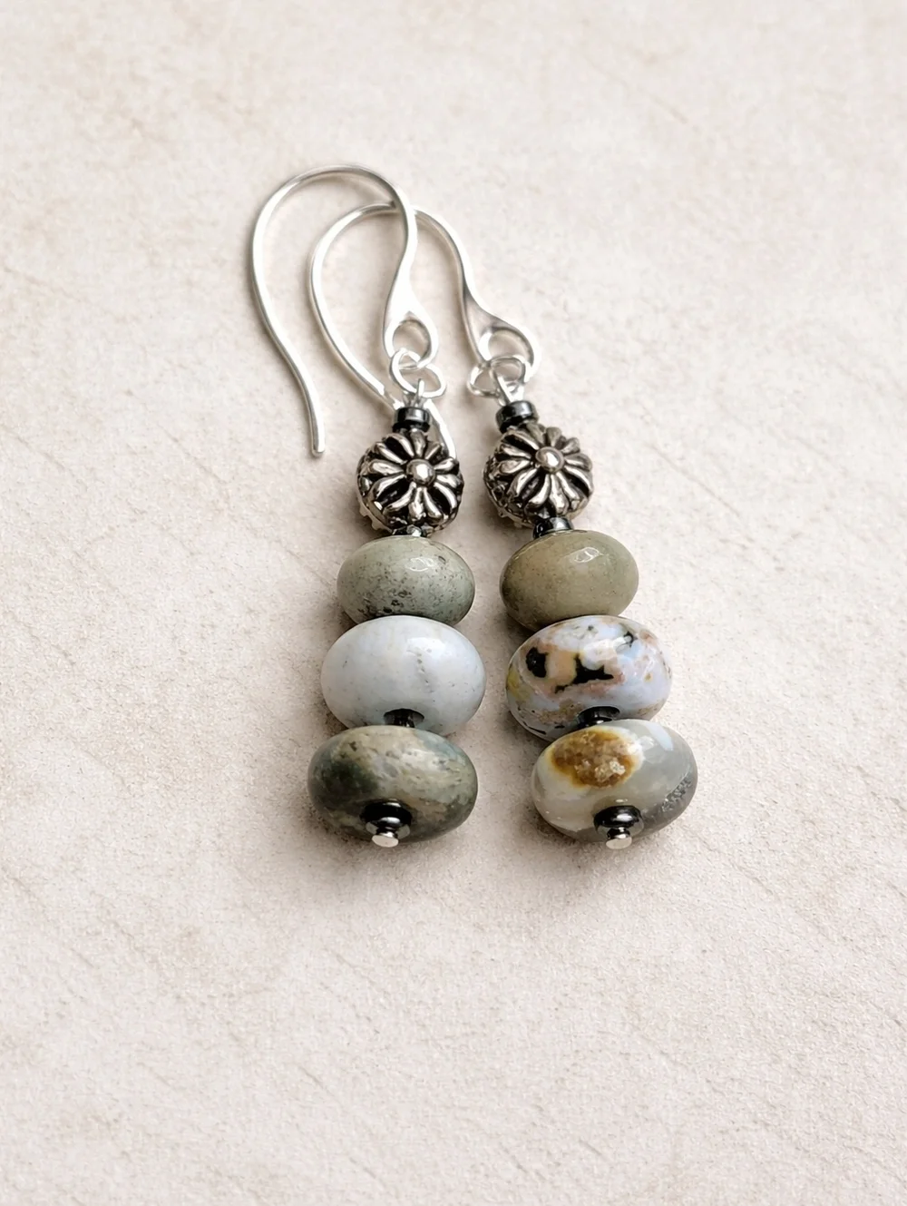 Handmade Opal Dangle Earrings Silver Tone Boho Earthy Beaded Drop